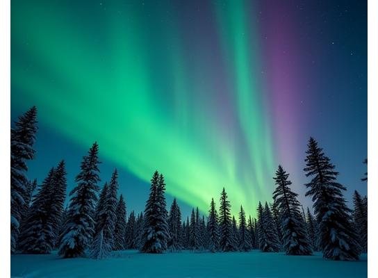 Spectacular Aurora Borealis illuminating a snow-covered forest.