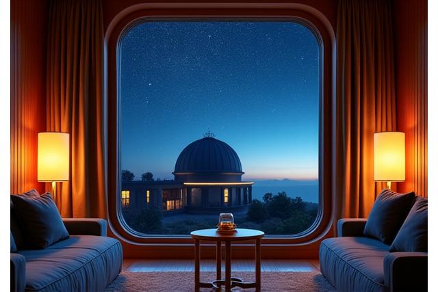 A cozy, luxurious room with a large window offering a view of a professional observatory dome under a clear night sky.