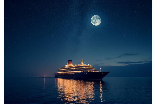 An elegant cruise ship sailing under a moonlit, star-filled sky, reflecting on the calm ocean.
