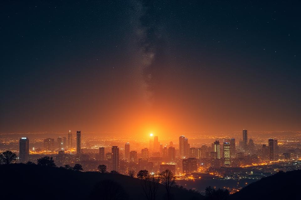 City skyline with severe light pollution obscuring stars